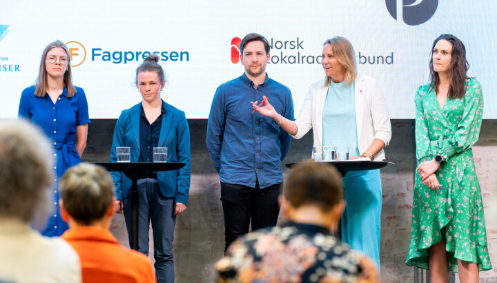 Marie Sneve Martinussen (Rødt), Ingrid Liland (MDG), Andreas Sjalg Unneland (SV), Maria Aasen-Svensrud (AP) og Ingvild Wetrhus Thorsvik (V) under debatten om endringene i offentlighetsloven.