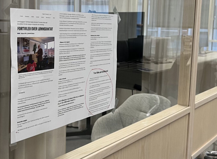 Klassekampens intervju med NJ-leder Dag Idar Tryggestad er blitt hengt opp flere ganger i Aftenposten-redaksjonen den siste uken. Klassekampens intervju med NJ-leder Dag Idar Tryggestad er blitt hengt opp flere ganger i Aftenposten-redaksjonen den siste uken.