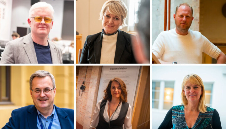 Leder i Norsk Journalistlag, Dag Idar Tryggestad, Kringkastingssjef Vibeke Fürst Haugen, generalsekretær i Landslaget for lokalaviser (LLA), Tomas Bruvik, administrerende direktør i Fagpressen, Per Brikt Olsen, generalsekretær i Norsk Redaktørforening, Reidun Kjelling Nybø, og administrerende direktør i Mediebedriftenes Landsforening, Randi Øgrey. Leder i Norsk Journalistlag, Dag Idar Tryggestad, Kringkastingssjef Vibeke Fürst Haugen, generalsekretær i Landslaget for lokalaviser (LLA), Tomas Bruvik, administrerende direktør i Fagpressen, Per Brikt Olsen, generalsekretær i Norsk Redaktørforening, Reidun Kjelling Nybø, og administrerende direktør i Mediebedriftenes Landsforening, Randi Øgrey.