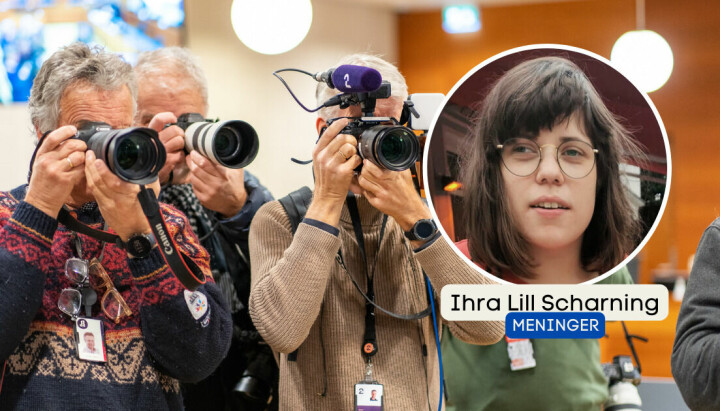 På bildet: Illustrasjon av pressefotografer og Ihra Lill Scharning i organisasjonen Stopp Diskrimineringen.