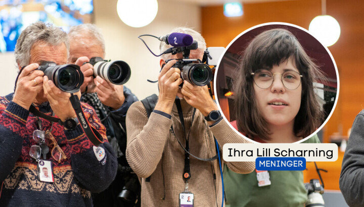 Ihra Lill Scharning i organisasjonen Stopp Diskrimineringen. På bildet: Illustrasjon av pressefotografer og Ihra Lill Scharning i organisasjonen Stopp Diskrimineringen.