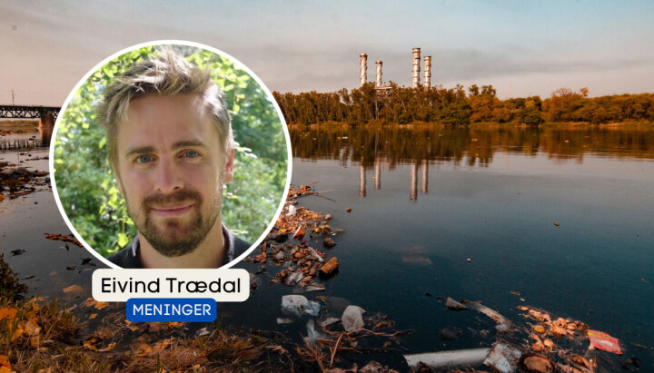 MDG-politiker Eivind Trædal er ikke videre imponert over norske avisers lederartikler om klimakrisa. På bilde: MDG-politiker Eivind Trædal innfelt i et bilde av et forurenset vann.