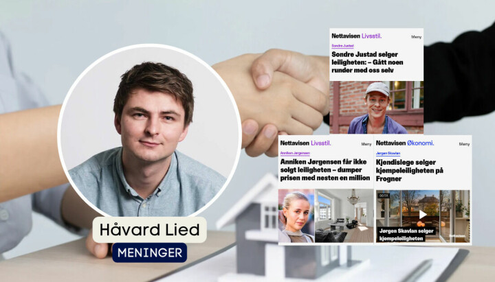 Håvard Lied, frontsjef i dagen, med faksimiler fra nettavisen og illustrasjonsbilde med to som tar hverandre i hånda over en modell av et hus.
