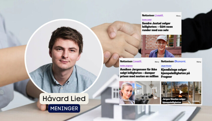 Håvard Lied reagerer på boligsakene til Nettavisen. Håvard Lied, frontsjef i dagen, med faksimiler fra nettavisen og illustrasjonsbilde med to som tar hverandre i hånda over en modell av et hus.