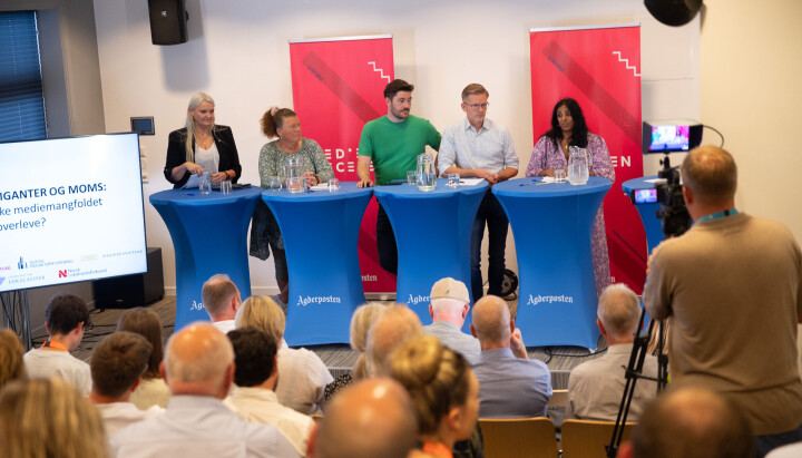 Åslaug Sem-Jacobsen (SP), Kathy Lie (SV), Grunde Almeland (V) Tage Pettersen (H) og Lubna Jaffery (AP) møtte mediebransjen til debatt Åslaug Sem-Jacobsen (SP), Kathy Lie (SV), Grunde Almeland (V) Tage Pettersen (H) og Lubna Jaffery (AP) møtte mediebransjen til debatt