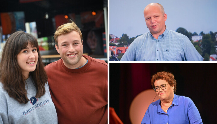 Programledere Maria Pedko Lindbäck og Jørgen Wear er klare for Supernyttdebatten. Det er ikke Trygve Slagsvold Vedum (SP) og Olaug Bollestad (KrF).