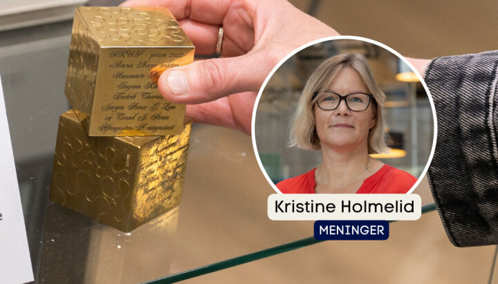 Kristine Holmelid i SUJO har lang erfaring fra å veilede redaksjoner. Hun har også ansvar for et masteremne om redaksjonell ledelse av gravejournalistikk på UiB. Illustrasjonsbilde fra Aftenpostens troféskap. Bilde av to Skup-priser og et profilbilde av Kristine Holmelid, som har skrevet meninger-innlegget.