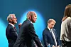 Jonas Gahr Støre og Trygve Slagsvold Vedum under partilederdebatten i Arendal.
