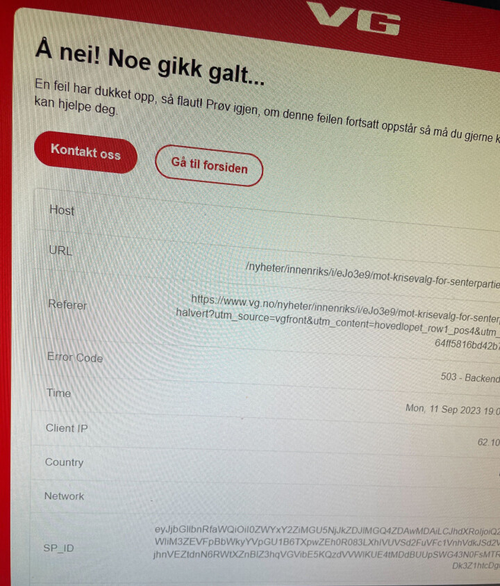 Skjermdump tatt fra VG.no like etter klokken 21.00 mandag kveld.