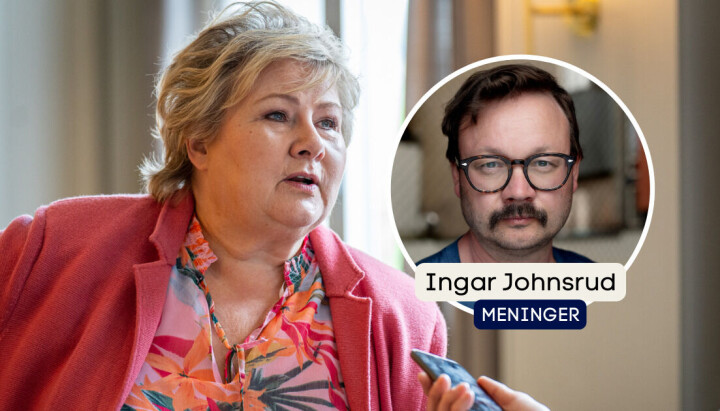 Erna Solberg er i hardt vær på grunn av ektemannen Sindre Finnes' aksjekjøp. Hovedbilde av Erna Solberg som blir intervjuet. Bylinebilde av Ingar Johnsrud, med navn og vignetten Meninger.