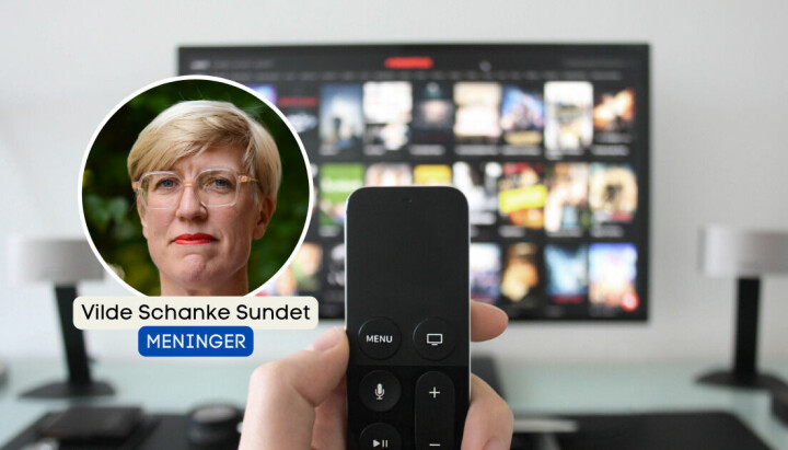 Medieforsker Vilde Schanke Sundet innfelt i illustrasjonsbilde av en som holder fjernkontroll foran en TV-skjerm.