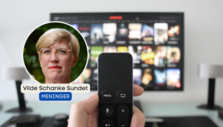 Medieforsker Vilde Schanke Sundet skriver om strømme-ståa i det ganske land. Medieforsker Vilde Schanke Sundet innfelt i illustrasjonsbilde av en som holder fjernkontroll foran en TV-skjerm.