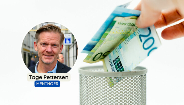 Tage Pettersen forteller at lisenssystemet for å finansiere NRK ikke var tilpasset det moderne Norge. Illustrasjonsbilde av Pettersen, og av hånd som legger sedler i en søppelbøtte