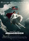 Filmplakat for «Praying for Armageddon», jesus på hvit hest, med maskingevær og amerikansk flagg