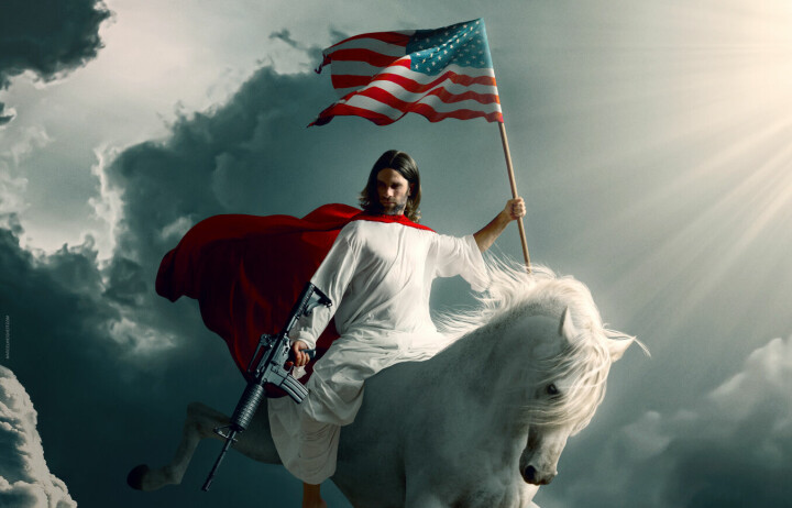 Filmplakat for «Praying for Armageddon», jesus på hvit hest, med maskingevær og amerikansk flagg