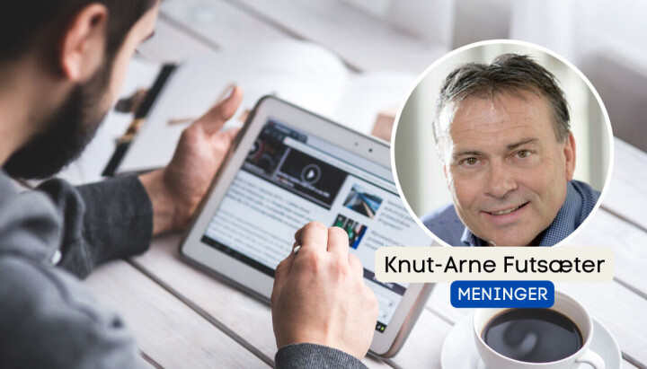 Forskningsdirektør Knut-Arne Futsæter i Kantar skriver om hvem mediene ikke lykkes i å nå. På bildet: Forskningsdirektør Knut-Arne Futsæter foran et bilde av en kar som bruker et nettbrett til å lese nyheter.
