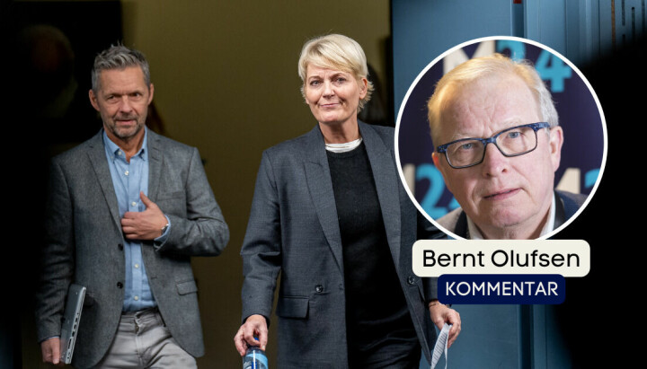 Bilde av to NRK-topper og innfelt bilde av spaltist Bernt Olufsen.