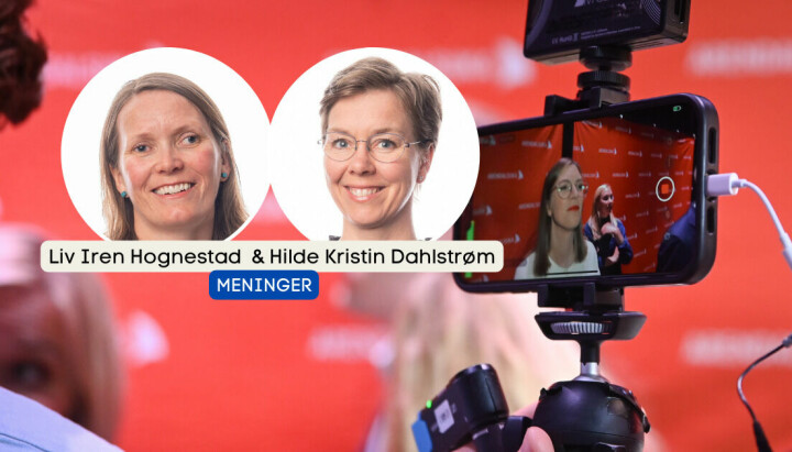 På bildet: Liv Iren Hognestad og Hilde Kristin Dahlstrøm ved NLA innfelt i et illustrasjonsbilde av et en mobil som filmer lederen i partiet Rødt.