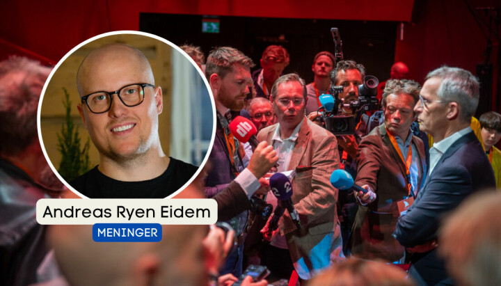 På bildet: Et pressekorps samler seg rundt Jens Stoltenberg. Innleggsforfatter Andreas Ryen Eidem er innfelt.