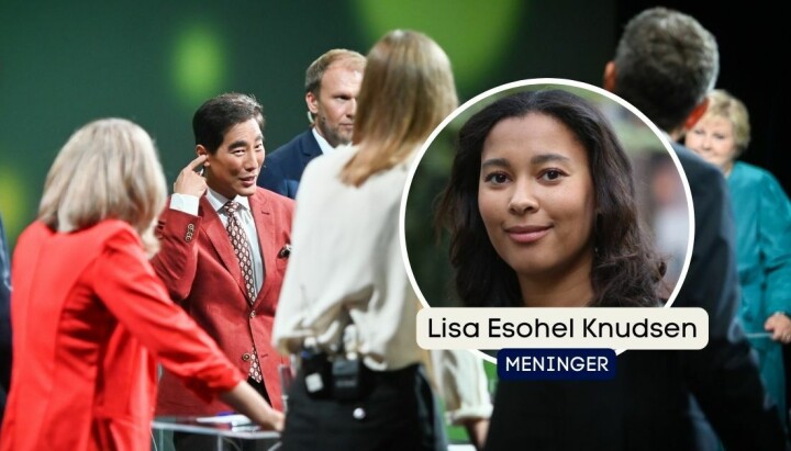 Lisa Esohel Knudsen vil ha lange, langsomme samtaler på NRK. Bildet er fra NRK Debatten på Arendalsuka 2023. Bylinebilde av Lisa Esohel Knudsen. Bakgrunn: Debatten på NRK fra Arendalsuka.