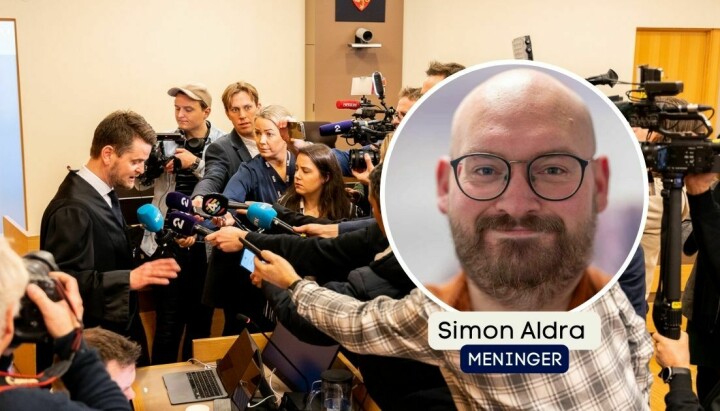 Simon Aldra, med bilde av et kobbel journalister som bakgrunn.