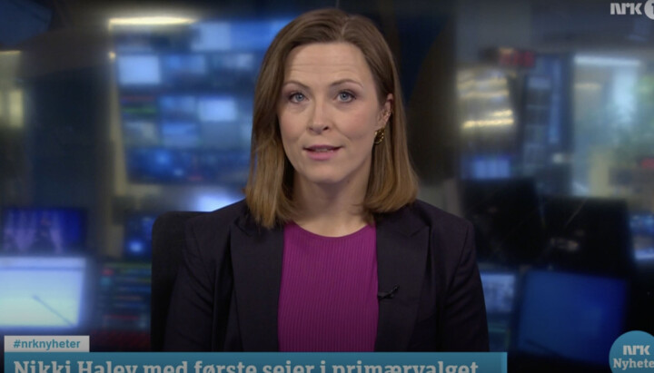 Nyhetsanker Eline Buvarp Aardal under nyhetsstrømmen på dagtid.