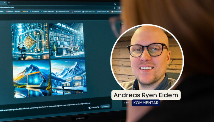 På skjermen ser du resutatet fra da vi spurte Adobe Firefly om å gi oss et «fotorealistisk bilde av en redaksjon i en liten lokalavis som står og sitter foran en datamaskin og leker med programvare om kunstig intelligens». På skjermen ser du resutatet fra da vi spurte Adobe Firefly om å gi oss et fotorealistisk bilde av en redaksjon i en liten lokalavis som står og sitter foran en datamaskin og leker med programvare om kunstig intelligens.