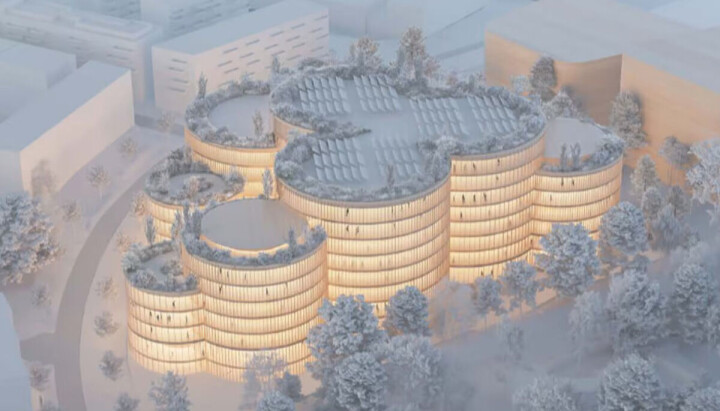 Dette var en av de første illustrasjonene til konseptet til det nye NRK-bygget. Slik kan NRKs nye hovedkvarter på Ensjø bli.