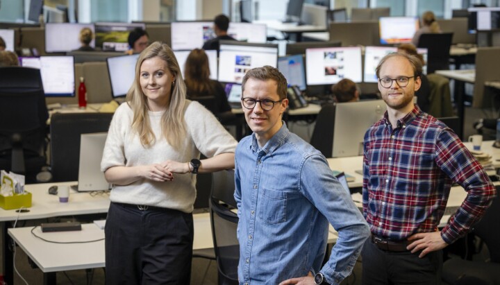 Hanne Louise Åkernes, nyhetsleder for Nye digitale formater og Bord4, og datajournalistene Anders Grimsrud Eriksen og Halvard Alvheim Vegum.