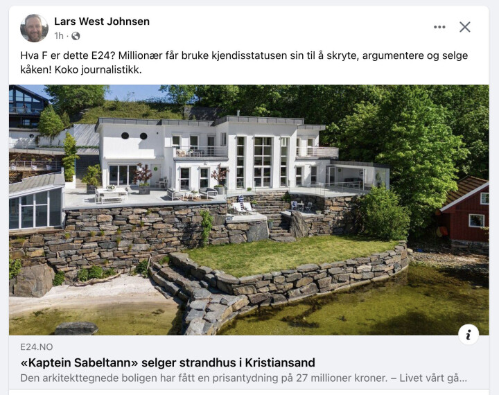 Lars West Johnsen gikk ut på Facebook med kritikk mot E24. Lars West Johnsen gikk ut på Facebook med kritikk mot E24.