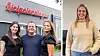 Tre ansatte står foran Helgelendingen-skiltet, og en kvinne er avbildet i en separat portrettboks.